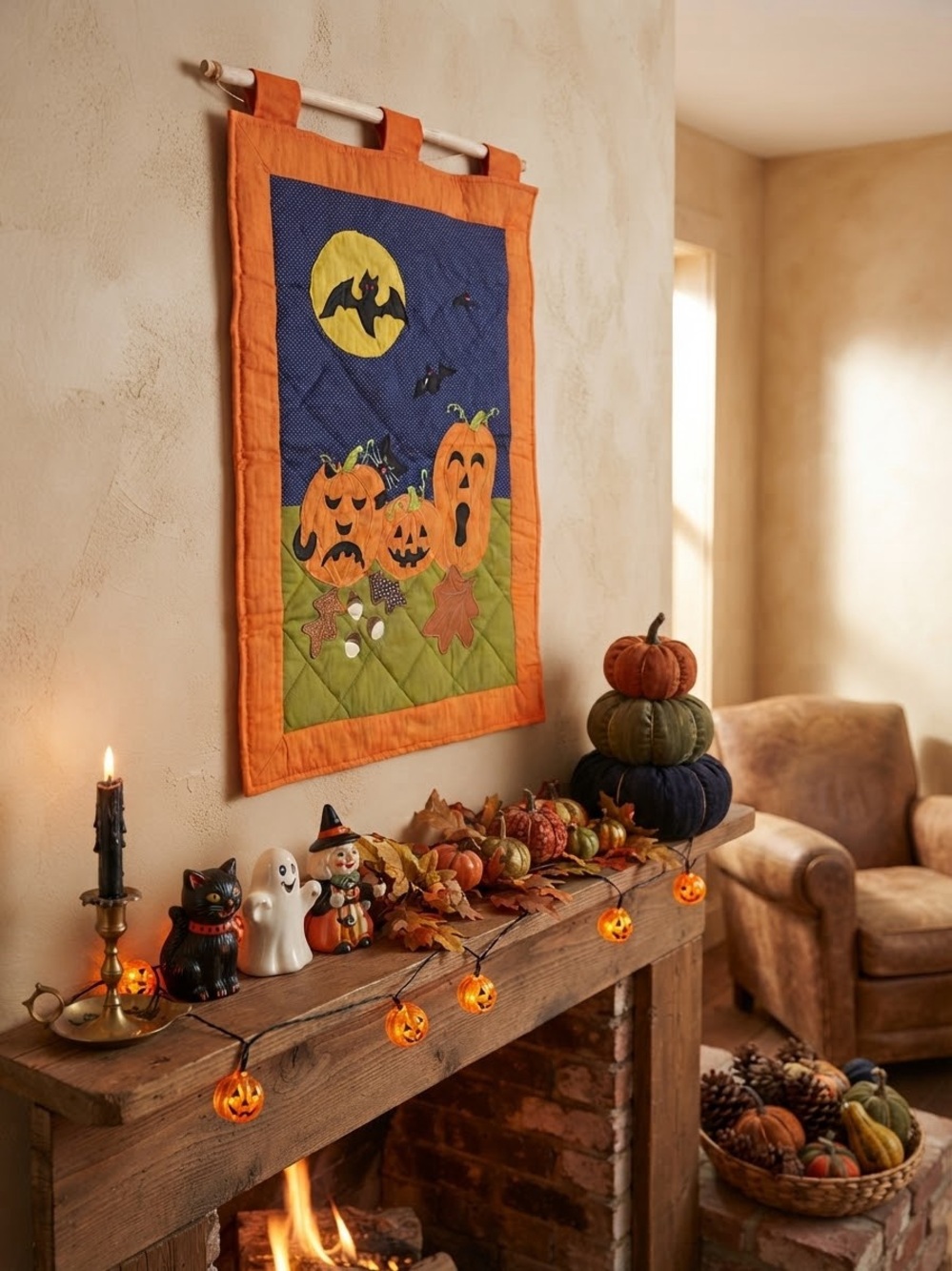 Halloween Pumpkin Wall Hanging Quilt - Orange, Blue & Green